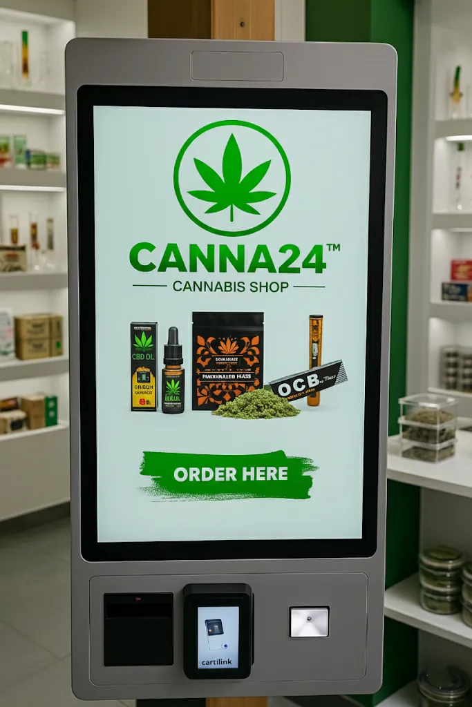 Self-service kiosk Canna24 για παραγγελία προϊόντων κάνναβης στο κατάστημα